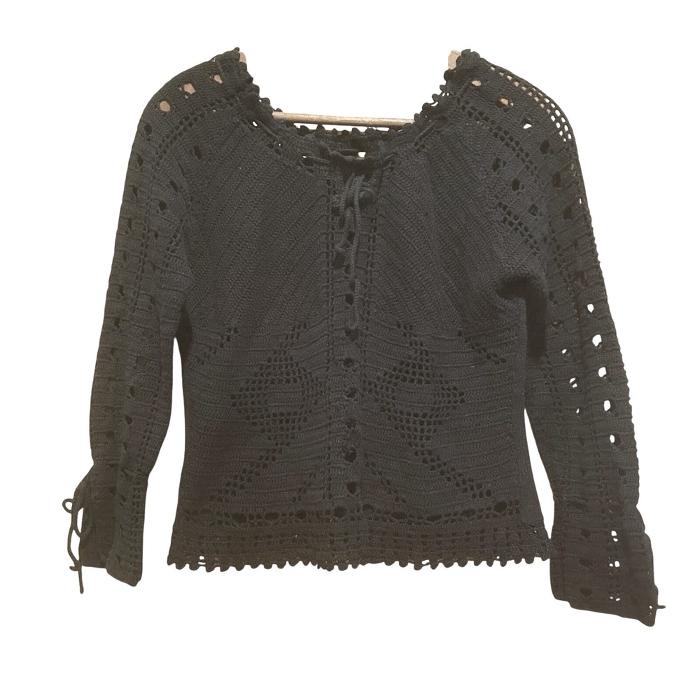 Mixit Black Crochet Sweater Ramie Cotton Size M Cottagecore Boho Whimsigoth‎